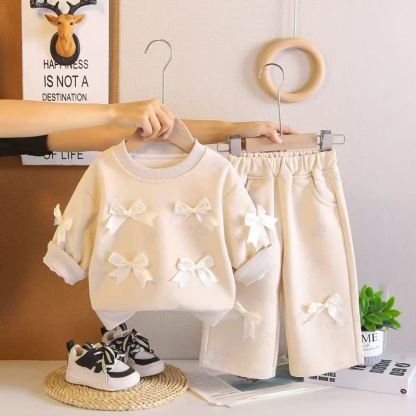 Toddler Girl Solid Color Bows Top and Pants 2-piece Set - Beige - 4-5T - image 2