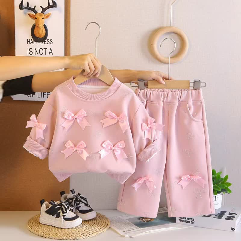 Toddler Girl Solid Color Bows Top and Pants 2-piece Set - Pink - 4-5T - image 3