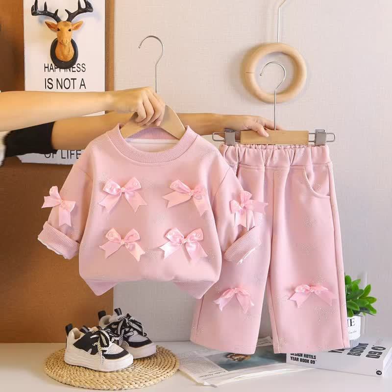 Toddler Girl Solid Color Bows Top and Pants 2-piece Set - Pink - 4-5T - image 3