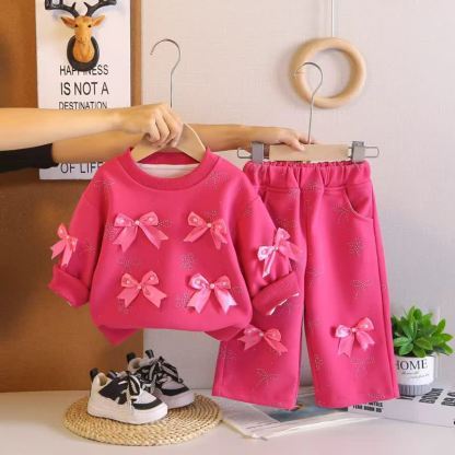 Toddler Girl Solid Color Bows Top and Pants 2-piece Set - Fuchsia - 4-5T - image 4