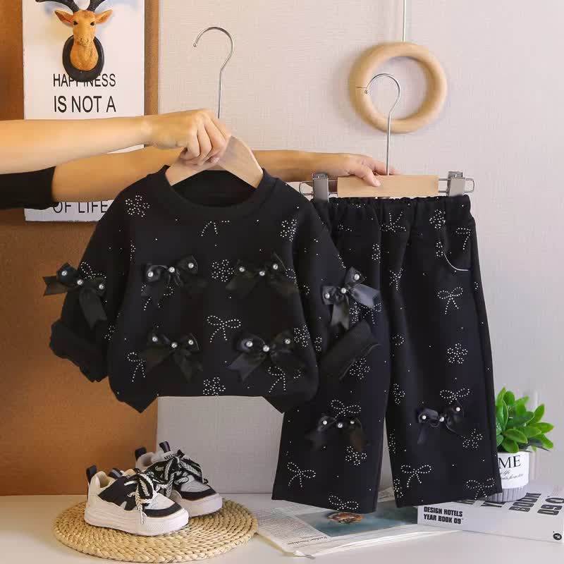 Toddler Girl Solid Color Bows Top and Pants 2-piece Set - Black - 4-5T - image 5