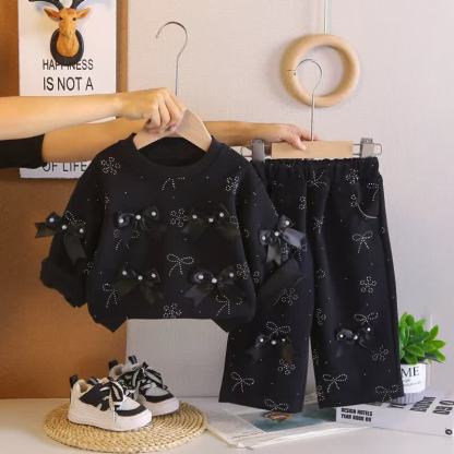 Toddler Girl Solid Color Bows Top and Pants 2-piece Set - Black - 4-5T - image 5