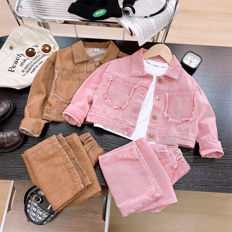 Toddler Girl Solid Color Denim Jacket and Pants 2-piece Set - image 1