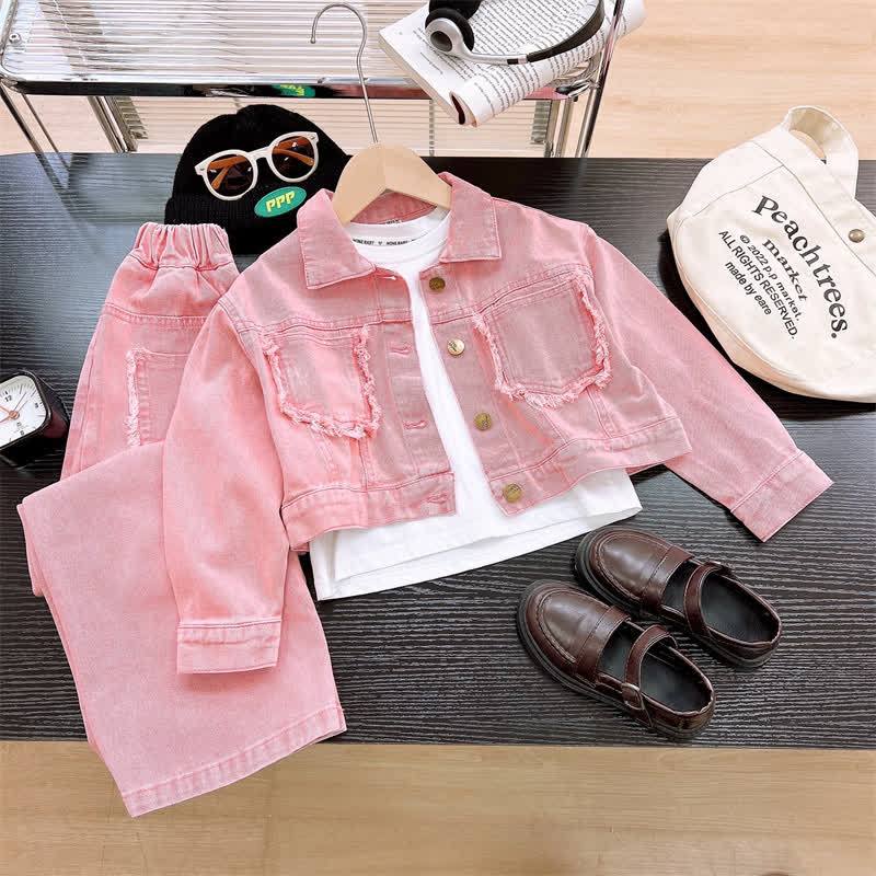 Toddler Girl Solid Color Denim Jacket and Pants 2-piece Set - Pink - 10-11T - image 2