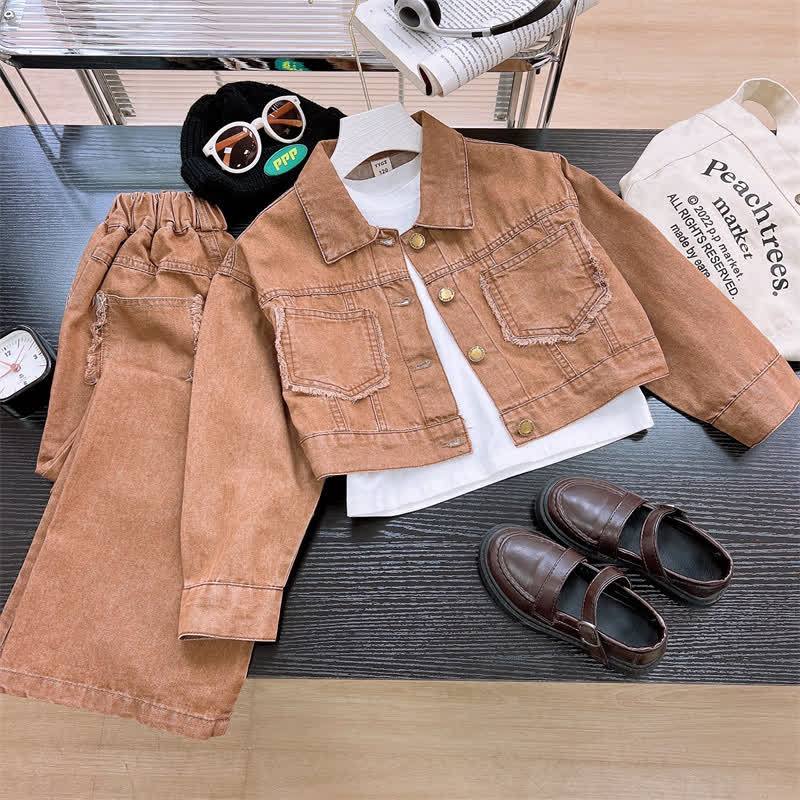 Toddler Girl Solid Color Denim Jacket and Pants 2-piece Set - Brown - 10-11T - image 3
