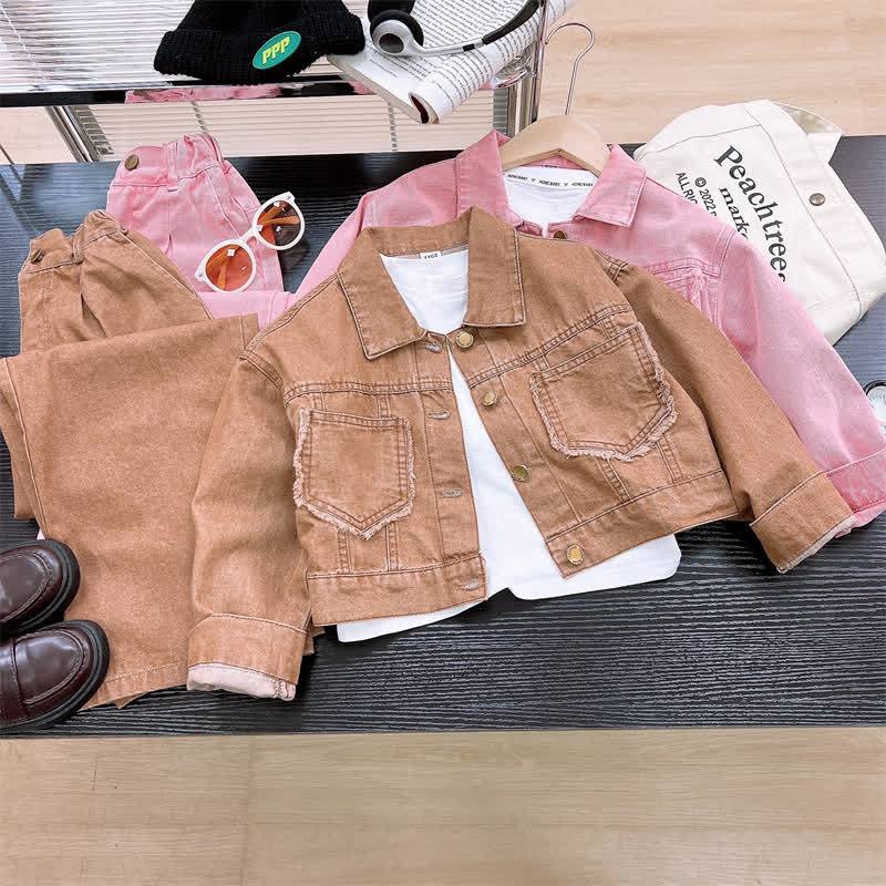 Toddler Girl Solid Color Denim Jacket and Pants 2-piece Set - image 5