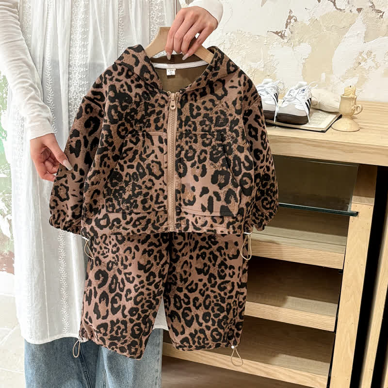 Toddler Girls Leopard Print Zip Hoodie and Pants 2-piece Set - Khaki - 8-10T - image 2