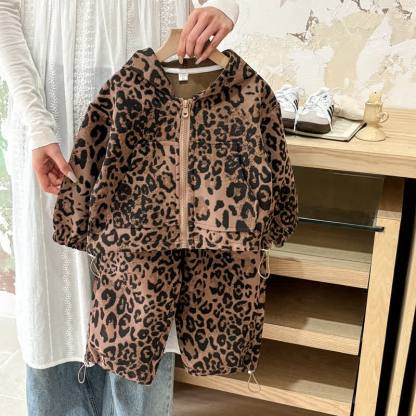 Toddler Girls Leopard Print Zip Hoodie and Pants 2-piece Set - Khaki - 8-10T - image 2