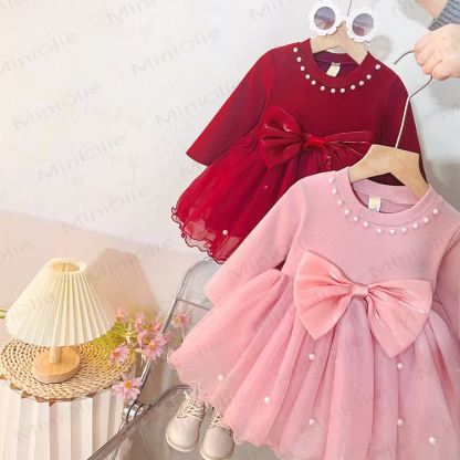 Baby Girl Pearl Bow Tulle Dress - image 1
