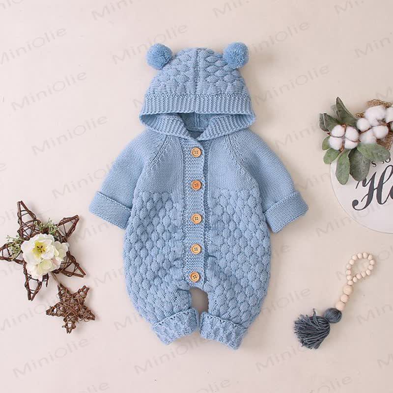 Baby Bear Ear Hooded Fleece Knit Romper - Blue - 18-24M - image 5