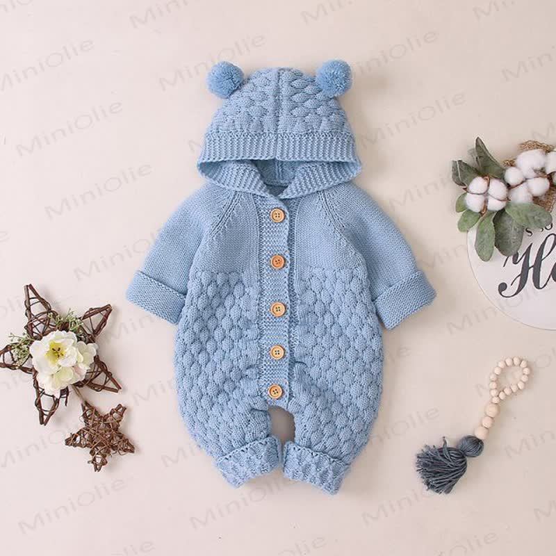 Baby Bear Ear Hooded Fleece Knit Romper - Blue - 18-24M - image 5