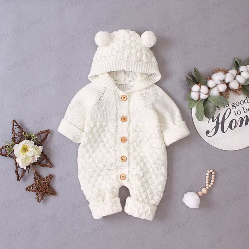 Baby Bear Ear Hooded Fleece Knit Romper - Beige - 18-24M - image 6