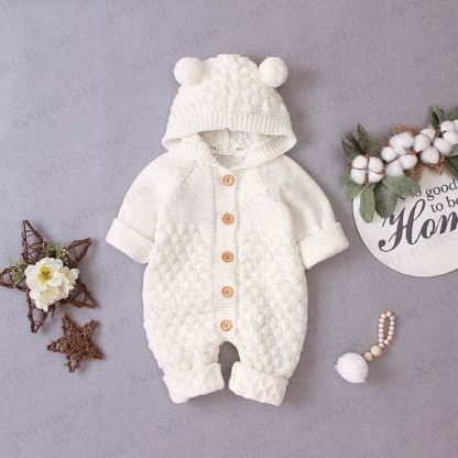 Baby Bear Ear Hooded Fleece Knit Romper - Beige - 18-24M - image 6