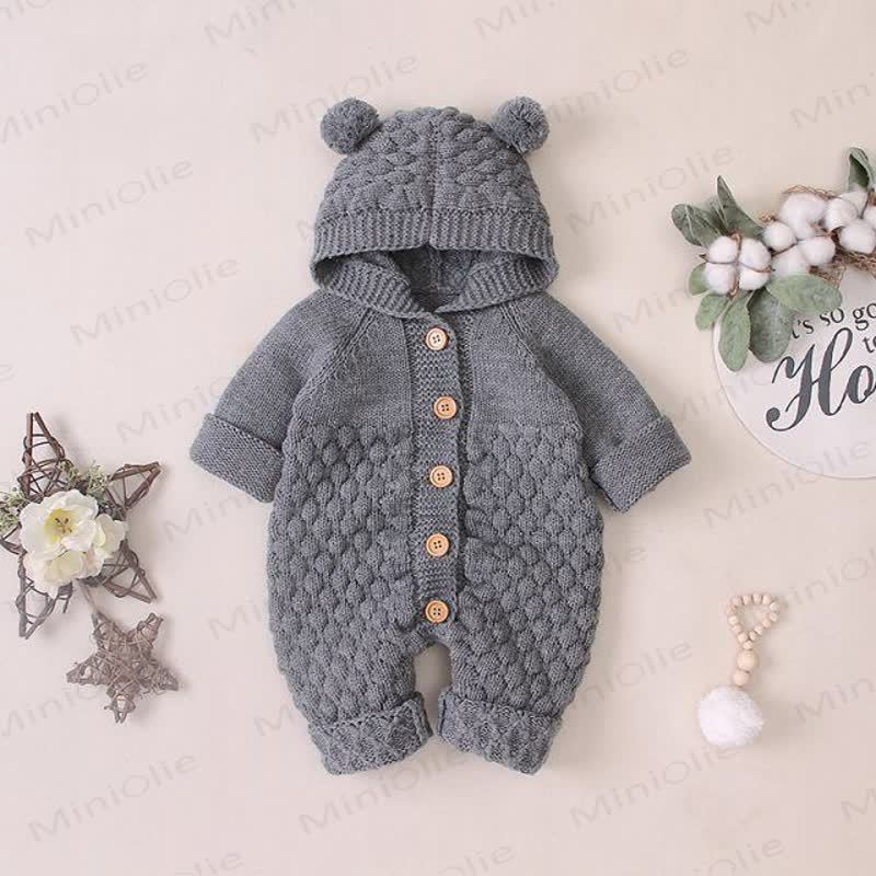 Baby Bear Ear Hooded Fleece Knit Romper - Gray - 18-24M - image 7