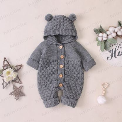 Baby Bear Ear Hooded Fleece Knit Romper - Gray - 18-24M - image 7