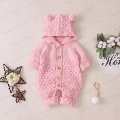 Baby Bear Ear Hooded Fleece Knit Romper - Pink - 18-24M - image 8