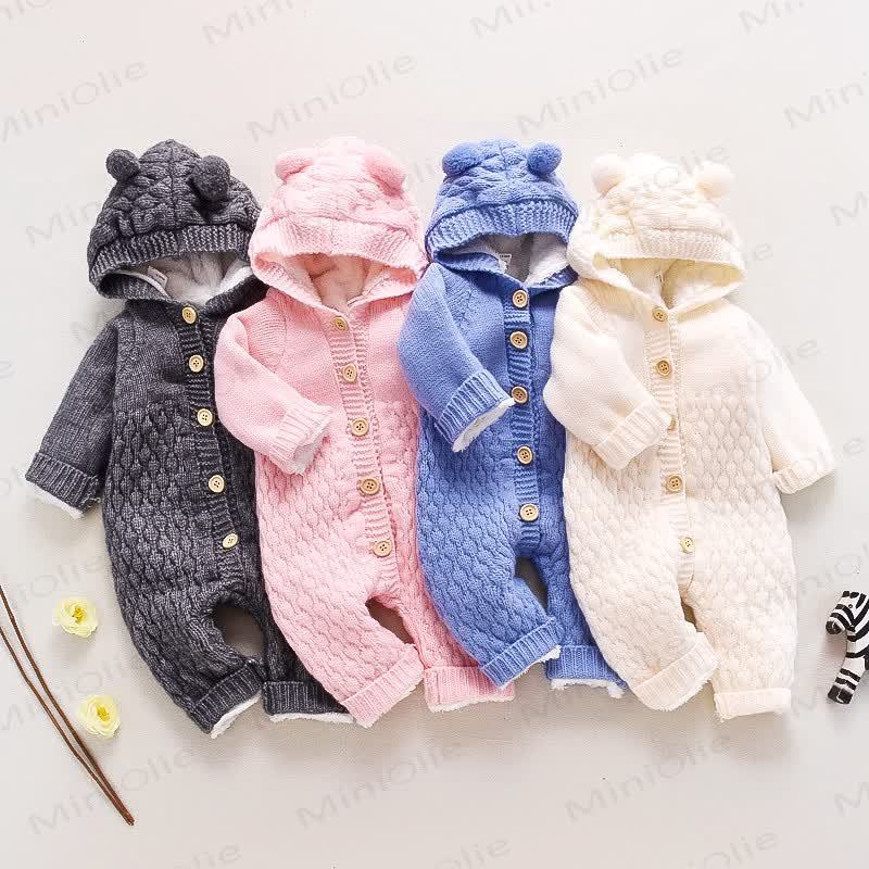Baby Bear Ear Hooded Fleece Knit Romper - image 1