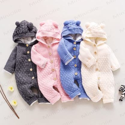Baby Bear Ear Hooded Fleece Knit Romper - image 1