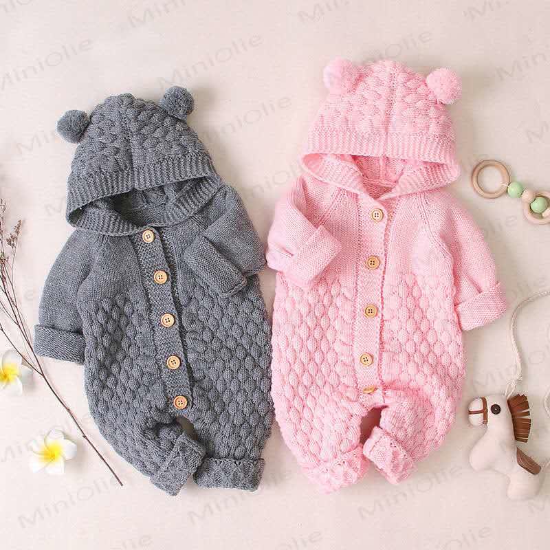 Baby Bear Ear Hooded Fleece Knit Romper - image 2
