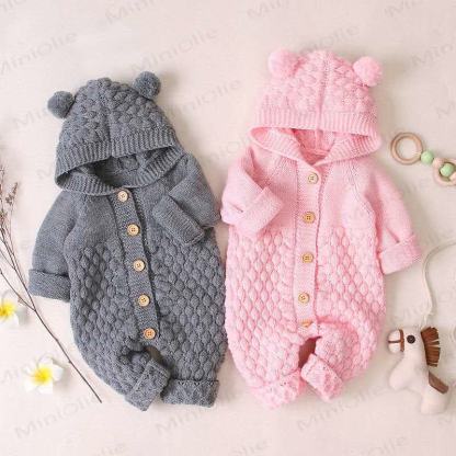 Baby Bear Ear Hooded Fleece Knit Romper - image 2