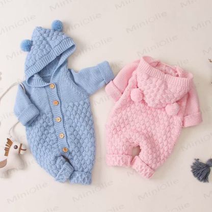 Baby Bear Ear Hooded Fleece Knit Romper - image 3