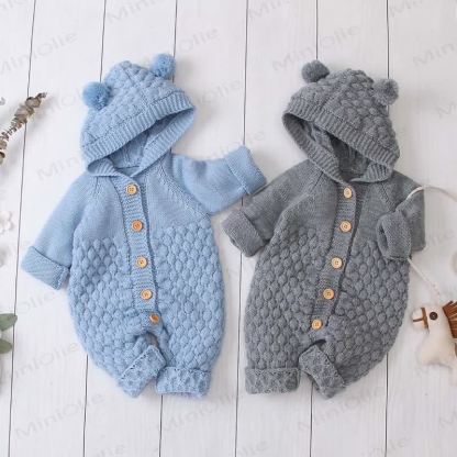 Baby Bear Ear Hooded Fleece Knit Romper - image 4