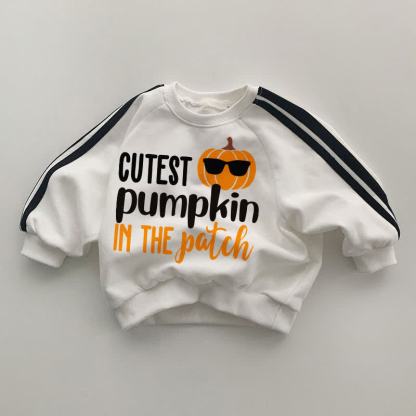 CUTEST PUMPKIN IN THE PATCH Baby Black Striped Sleeve White Sweatshirt - White - 2-3T - image 1