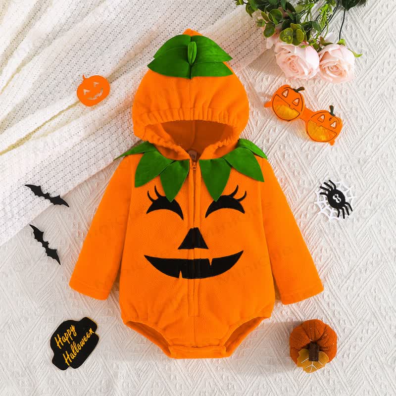 Baby Pumpkin Hooded Fleece Halloween Costume Bodysuit - Orange - 18-24M - image 1