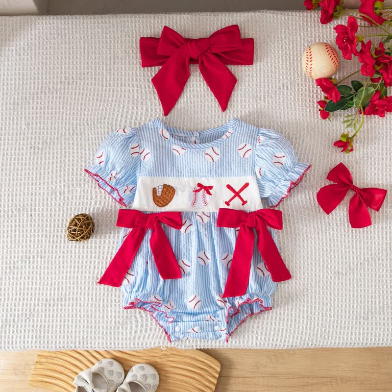 Baby Stripe Baseball Bow Bodysuit with Headband - Blue - 12-18M - image 1