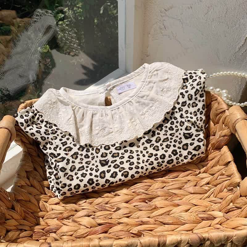 Toddler Girl Vintage Floral Peter Pan Collar T-Shirt - Beige Leopard - 8-9T - image 6