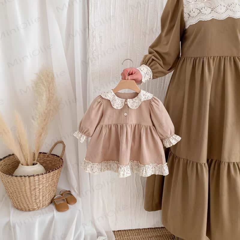 Baby Girl Flower Collar Puff Sleeve Dress - Khaki - 3-4T - image 3