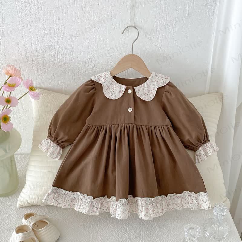 Baby Girl Flower Collar Puff Sleeve Dress - Brown - 3-4T - image 5