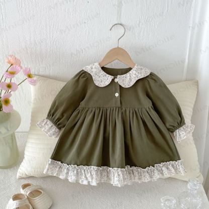 Baby Girl Flower Collar Puff Sleeve Dress - Olive Green - 3-4T - image 7