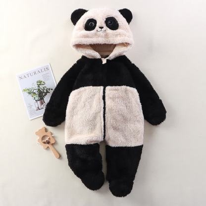 Baby Animal Ear Plush Hooded Zip Front Romper - Black&White - 12-18M - image 5