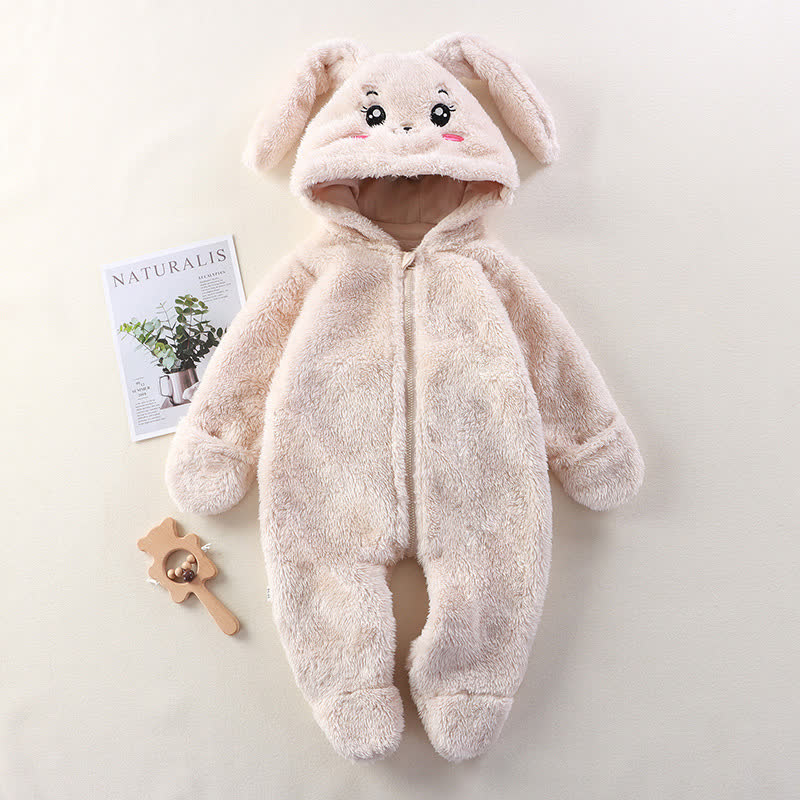 Baby Animal Ear Plush Hooded Zip Front Romper - Beige - 12-18M - image 3
