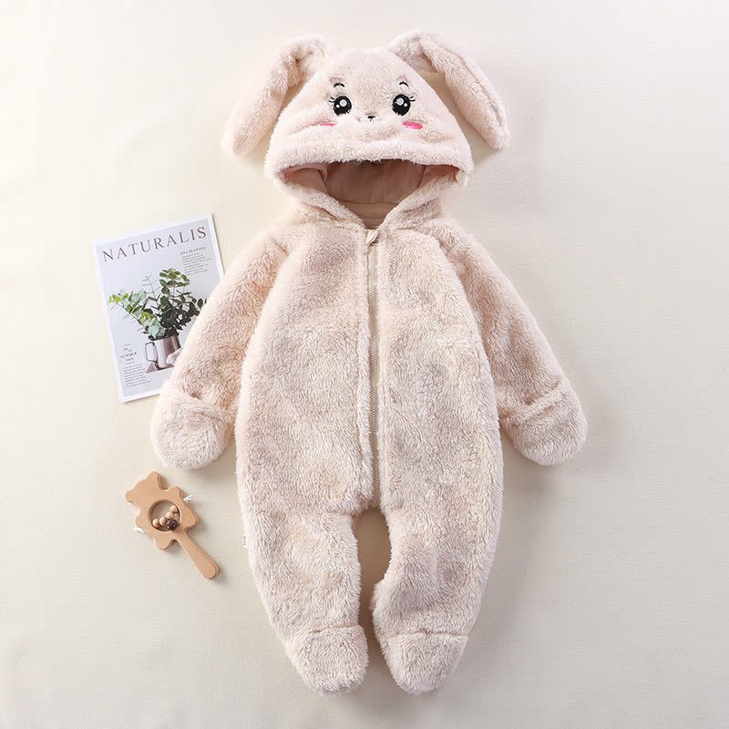 Baby Animal Ear Plush Hooded Zip Front Romper - Beige - 12-18M - image 3