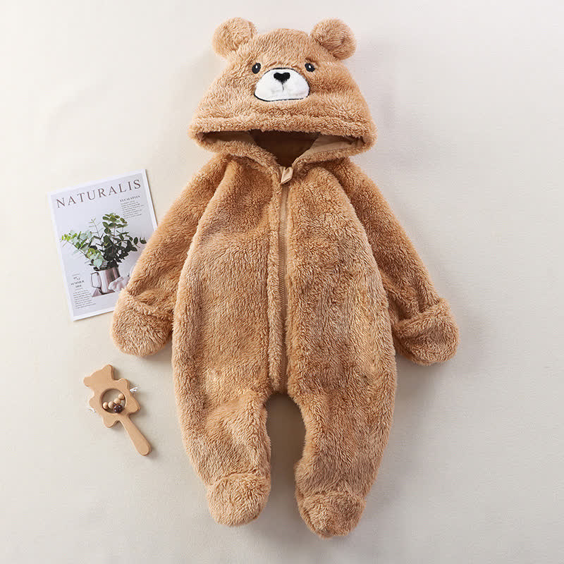 Baby Animal Ear Plush Hooded Zip Front Romper - Brown - 12-18M - image 4