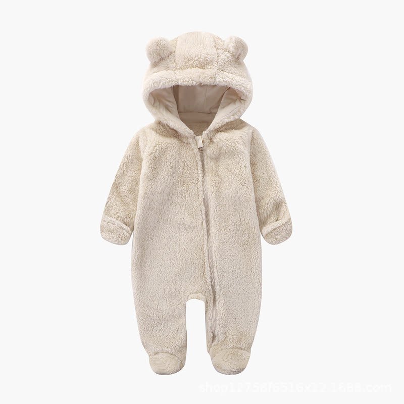 Baby Bear Ear Hooded Plush Romper - Beige - 12-18M - image 2