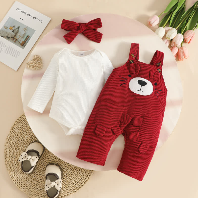 Baby Bear Adjustable Strap Corduroy Overalls and Bodysuit with Headband 3-piece Set  - Red - 12-18M - image 2