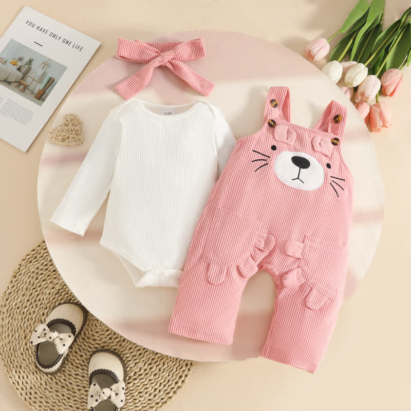 Baby Bear Adjustable Strap Corduroy Overalls and Bodysuit with Headband 3-piece Set  - Pink - 12-18M - image 3