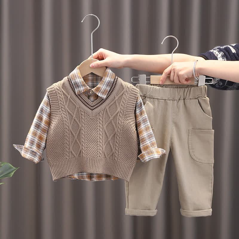 Toddler Baby Boy Classic Knit Vest 3-piece Set - Khaki Diamond - 4-5T - image 1