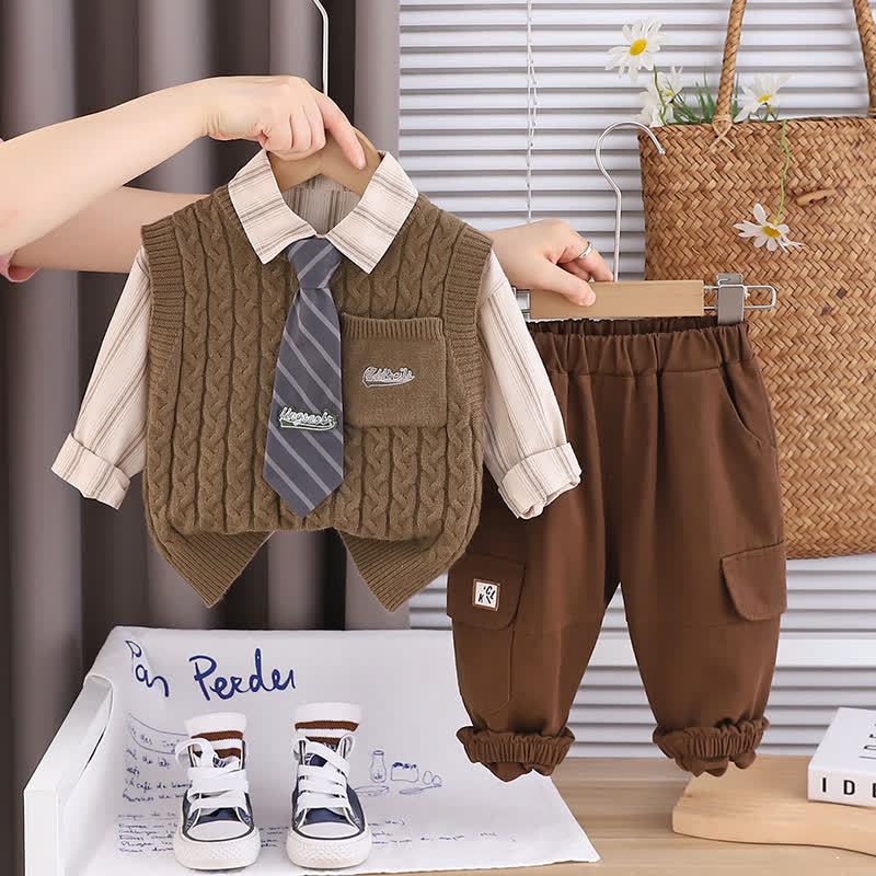 Toddler Baby Boy Classic Knit Vest 3-piece Set - Brown - 4-5T - image 3