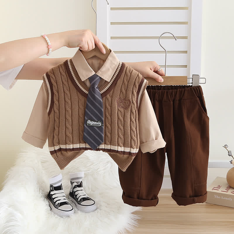 Toddler Baby Boy Classic Knit Vest 3-piece Set - Khaki - 4-5T - image 6