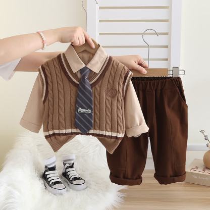 Toddler Baby Boy Classic Knit Vest 3-piece Set - Khaki - 4-5T - image 6