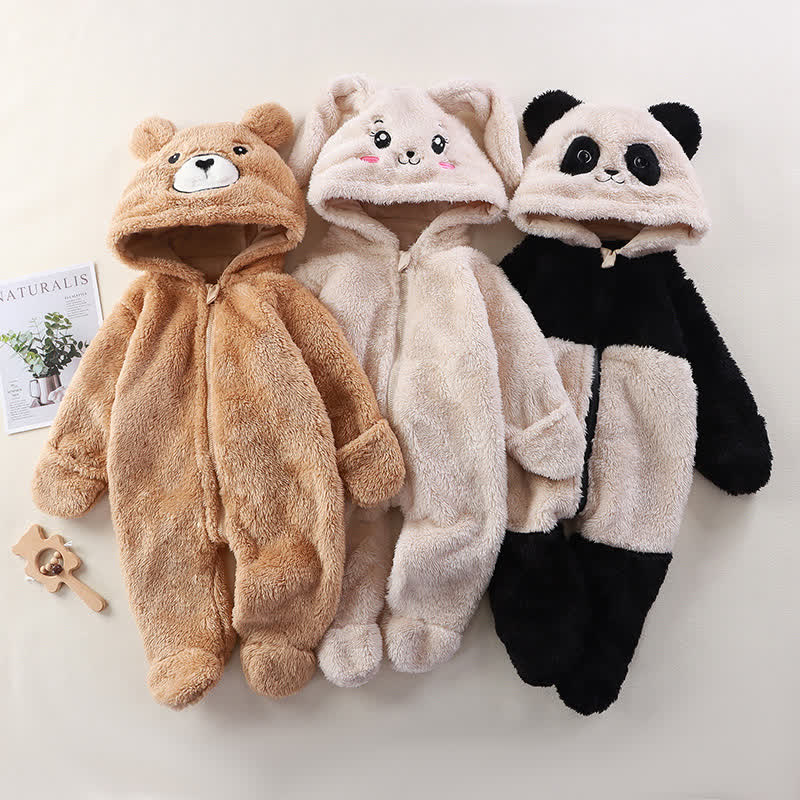 Baby Animal Ear Plush Hooded Zip Front Romper - image 1