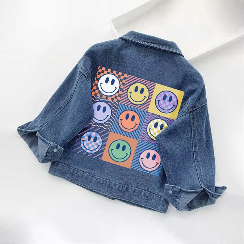 Toddler Kid Smile Face Print Gingham Denim Jacket - Blue - 10-11T - image 1