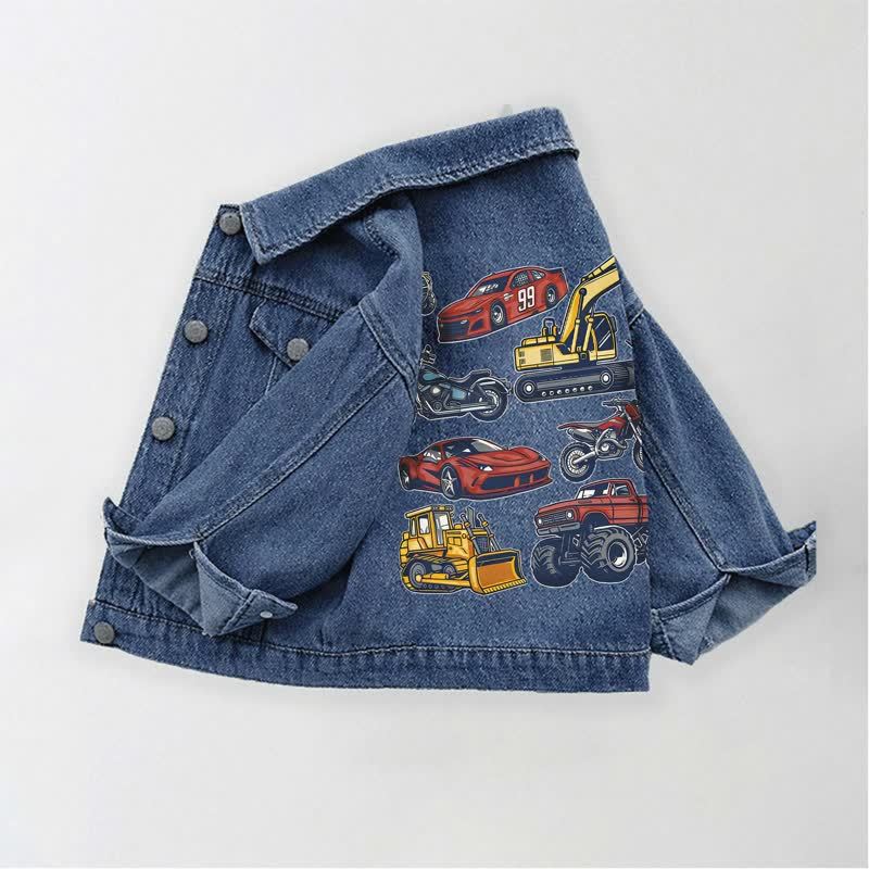 Toddler Kid Vehicles Excavator Racing Car Denim Jacket - Blue - 10-11T - image 1
