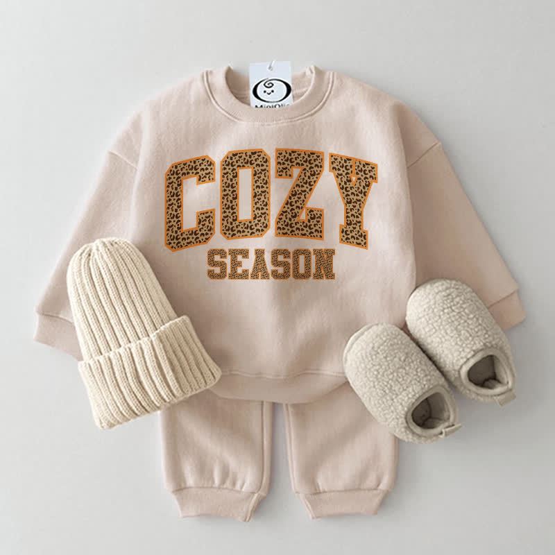COZY SEASON Baby Leopard Print Slogan Sweatshirt 2-piece Set - Beige - 2-3T - image 2