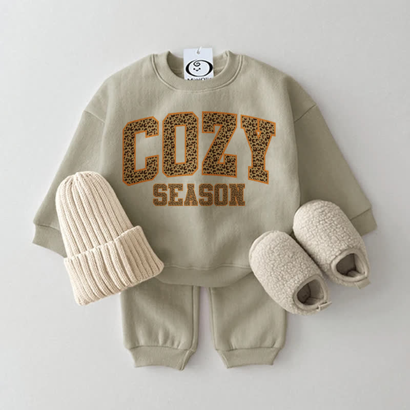 COZY SEASON Baby Leopard Print Slogan Sweatshirt 2-piece Set - Grey Green - 2-3T - image 1