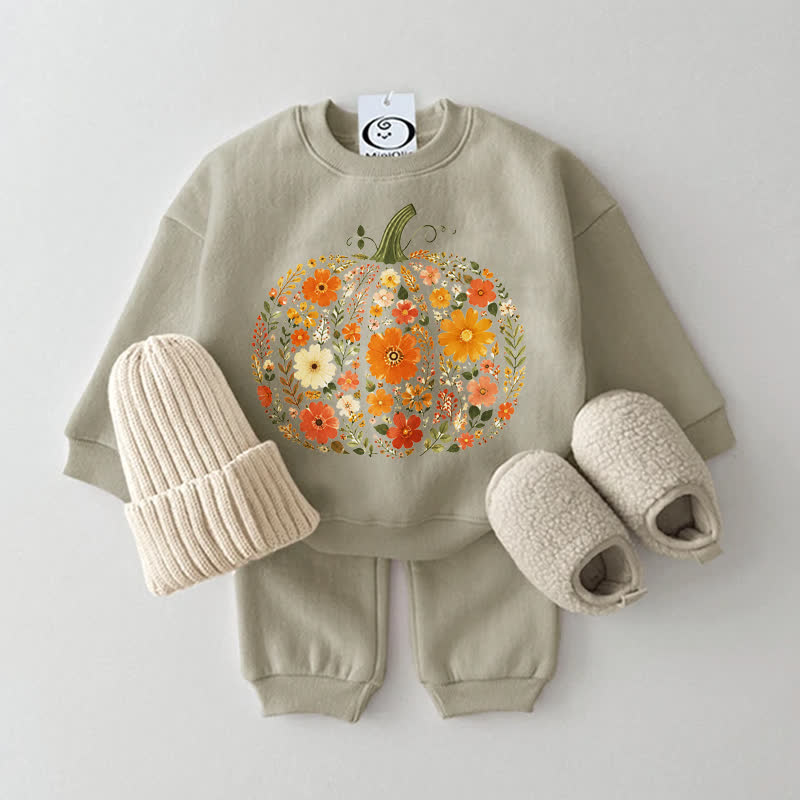 Baby Pumpkin Made of Flowers Grey Green Sweatshirt 2-piece Set - Grey Green - 2-3T - image 1